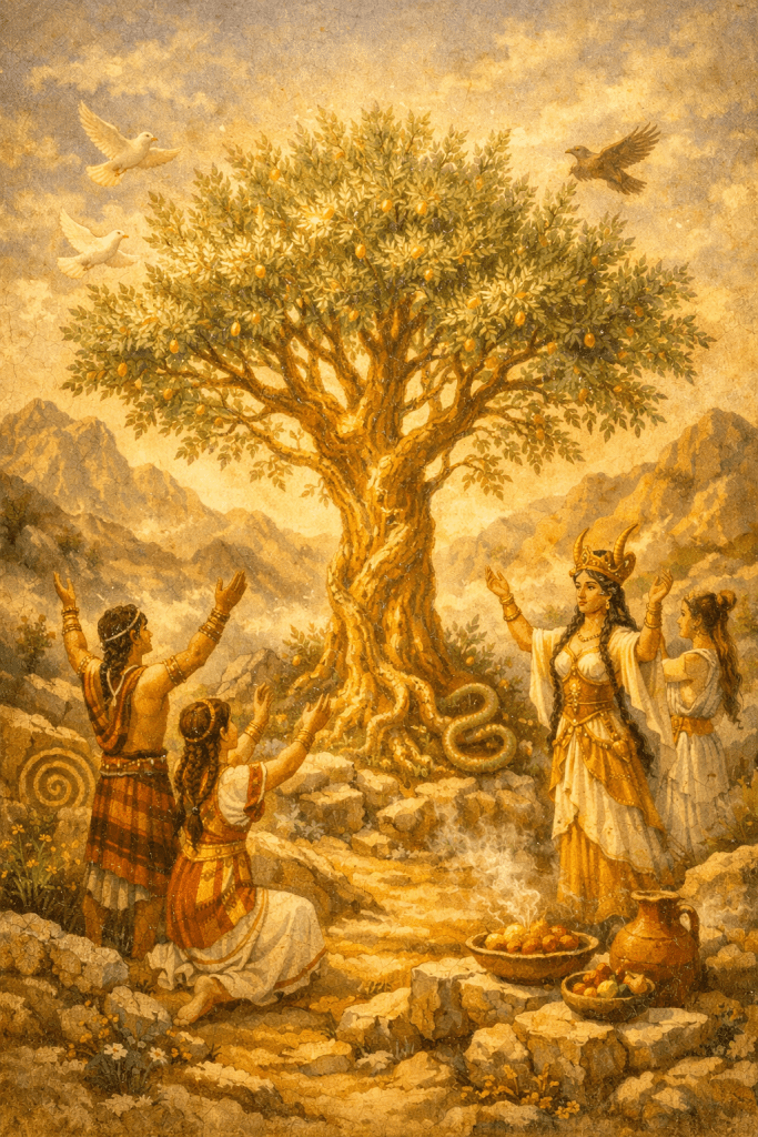 Image by Copilot of a tree cult ceremony