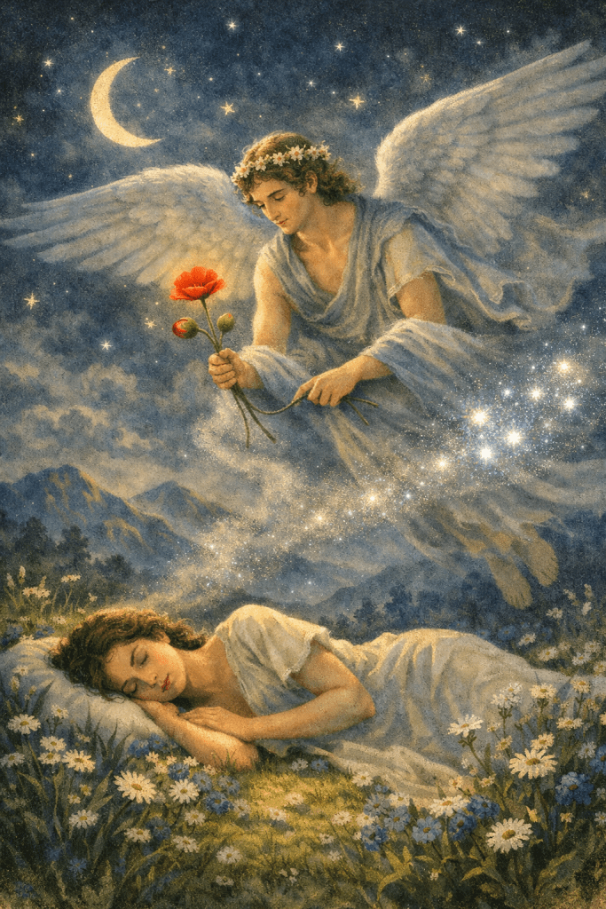 Copilot image of Hypnos the god of sleep hovering over a sleeping woman holding a poppy.