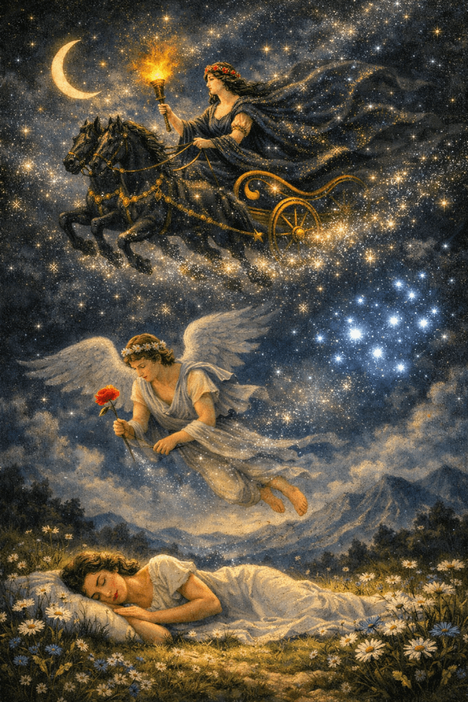 Copilot image of Nyx, Hypnos and a sleeping woman.